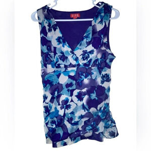 Elle Cinched Floral Top Size Large Sleeveless Office Business Blouse Blue White
